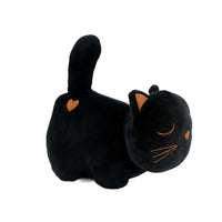 Black plush cat with orange heart on belly and embroidered closed-eye face.