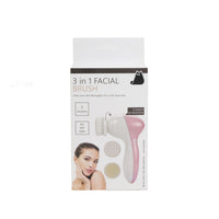 3-in-1 facial brush set with pink handheld brush and three round pads, in box