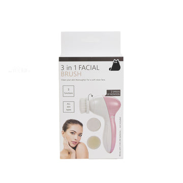 3-in-1 facial brush set with pink handheld brush and three round pads, in box