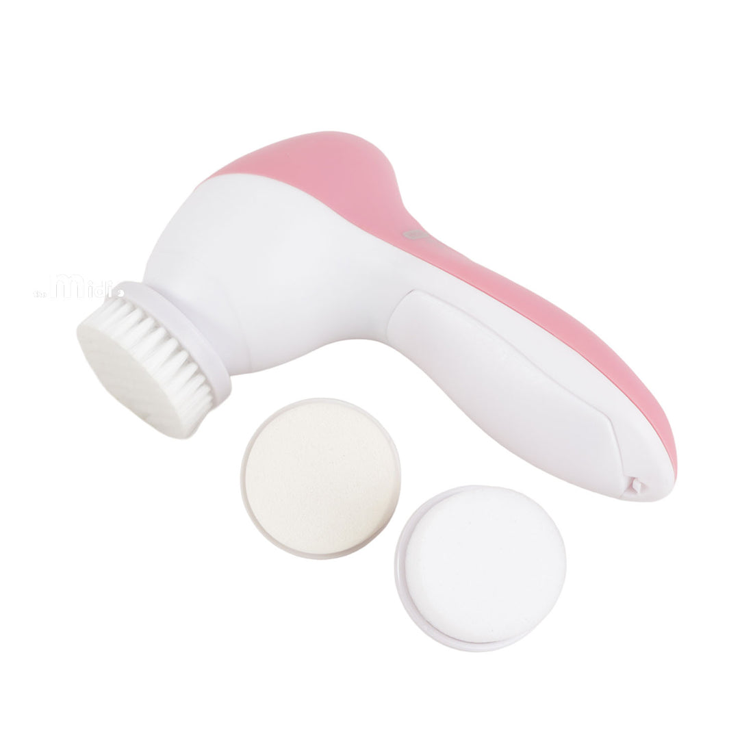Pink 3-in-1 facial brush with rotating bristle head and circular pads, close-up