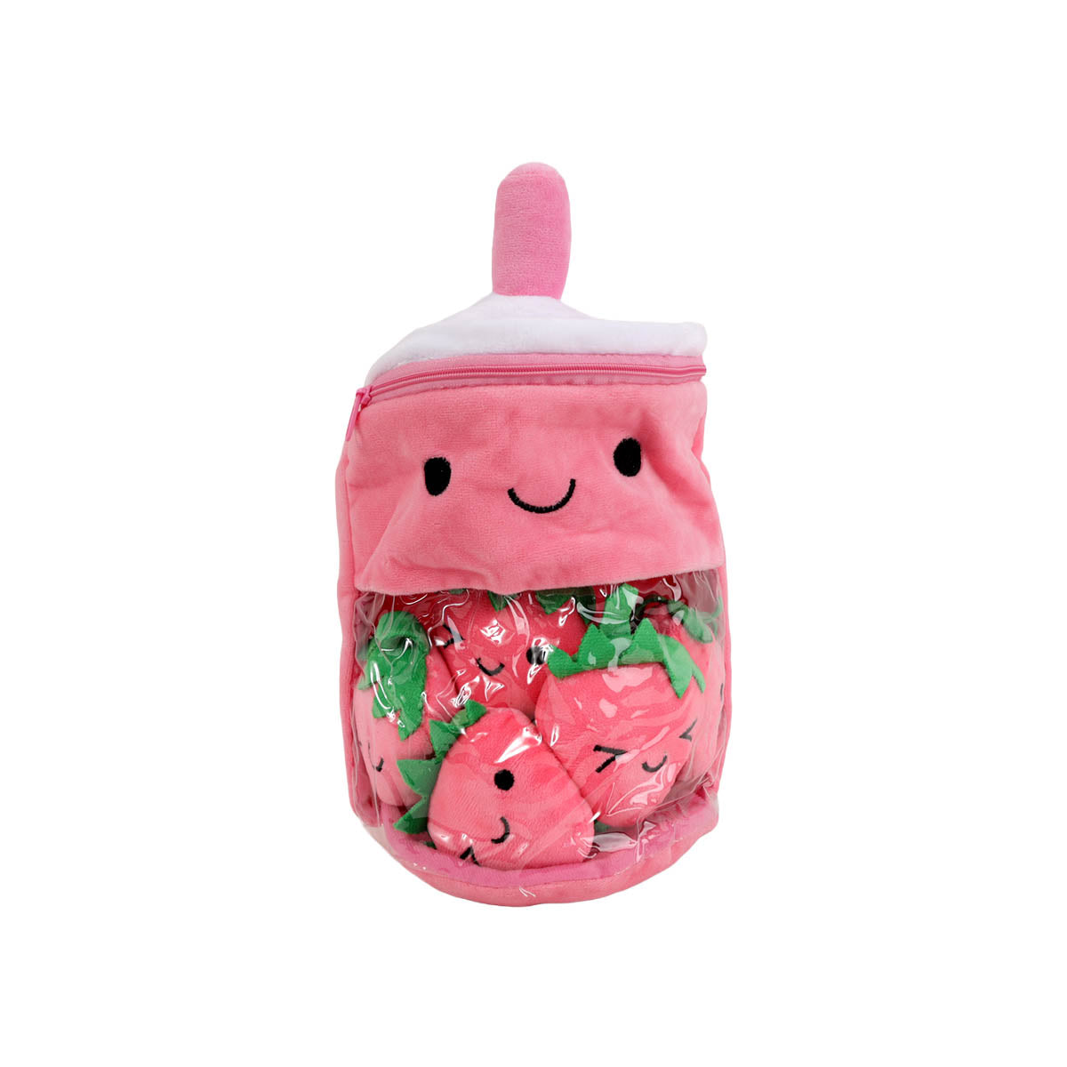 Strawberry bubble tea plush toy with smiling face, lid, and pink straw