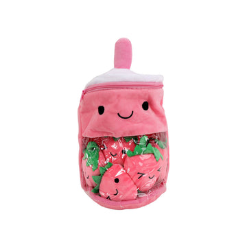 Strawberry bubble tea plush toy with smiling face, lid, and pink straw