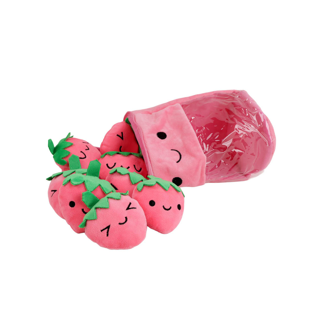 Strawberry bubble tea plush with plush strawberry pieces spilling out