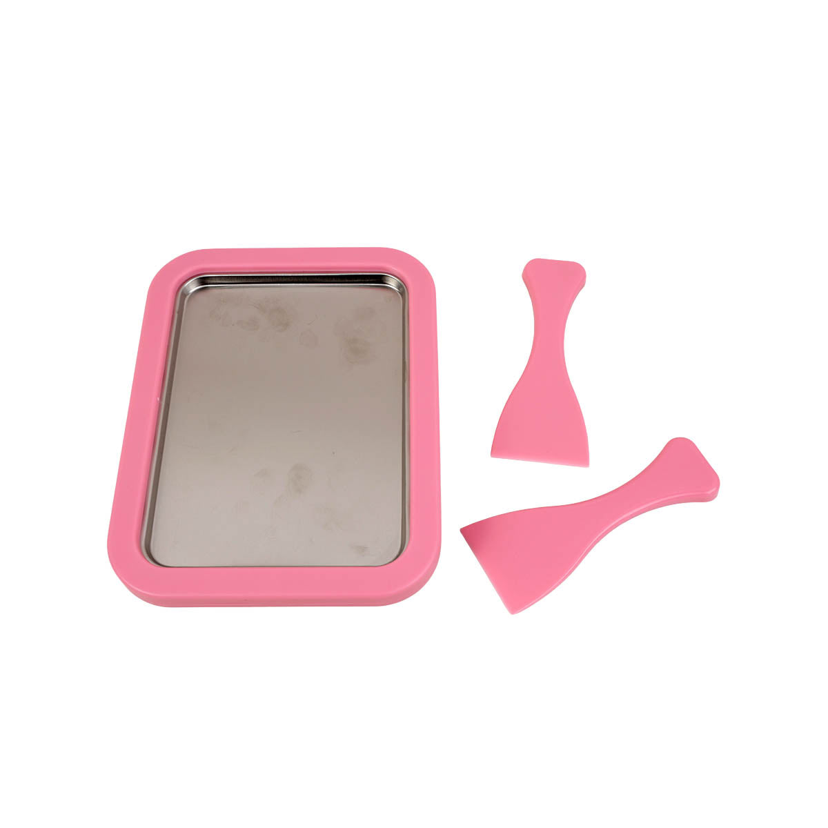 Pink ice cream mold set: square tray and two spoon-shaped molds, gray insert