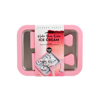 Pink plastic ice cream mold tray with lid, includes boxed insert