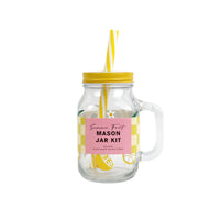 Mason jar kit with clear glass jar, yellow lid, and drinking straws with fruit graphics