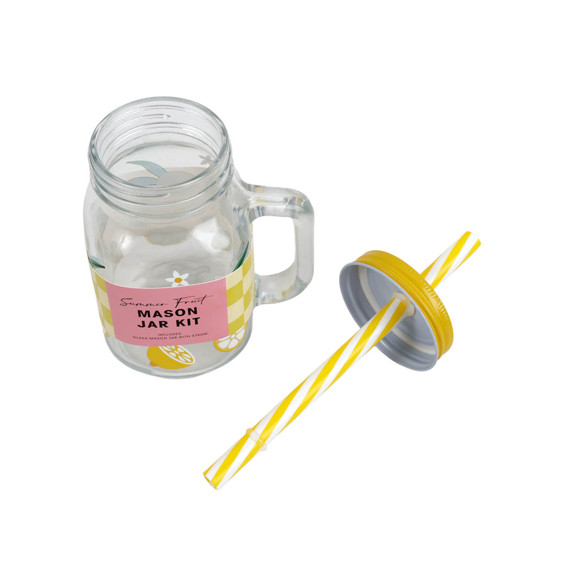Mason jar kit with clear glass jar, straw bundle, and yellow striped drinking straws