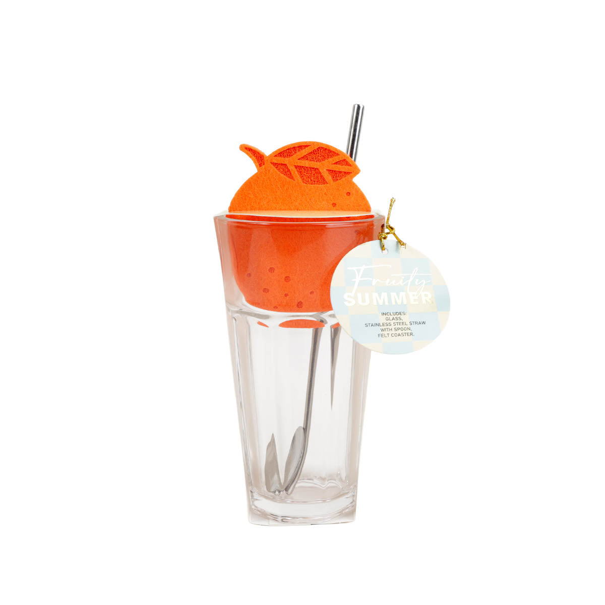 Orange citrus glass drink cup set with coaster and clear straw