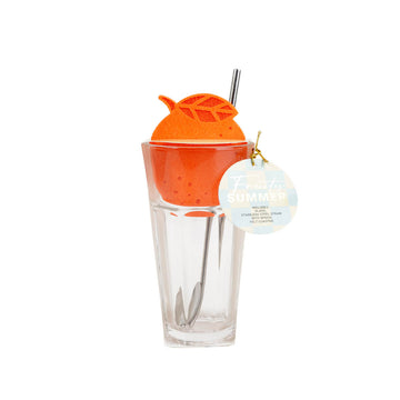 Orange citrus glass drink cup set with coaster and clear straw
