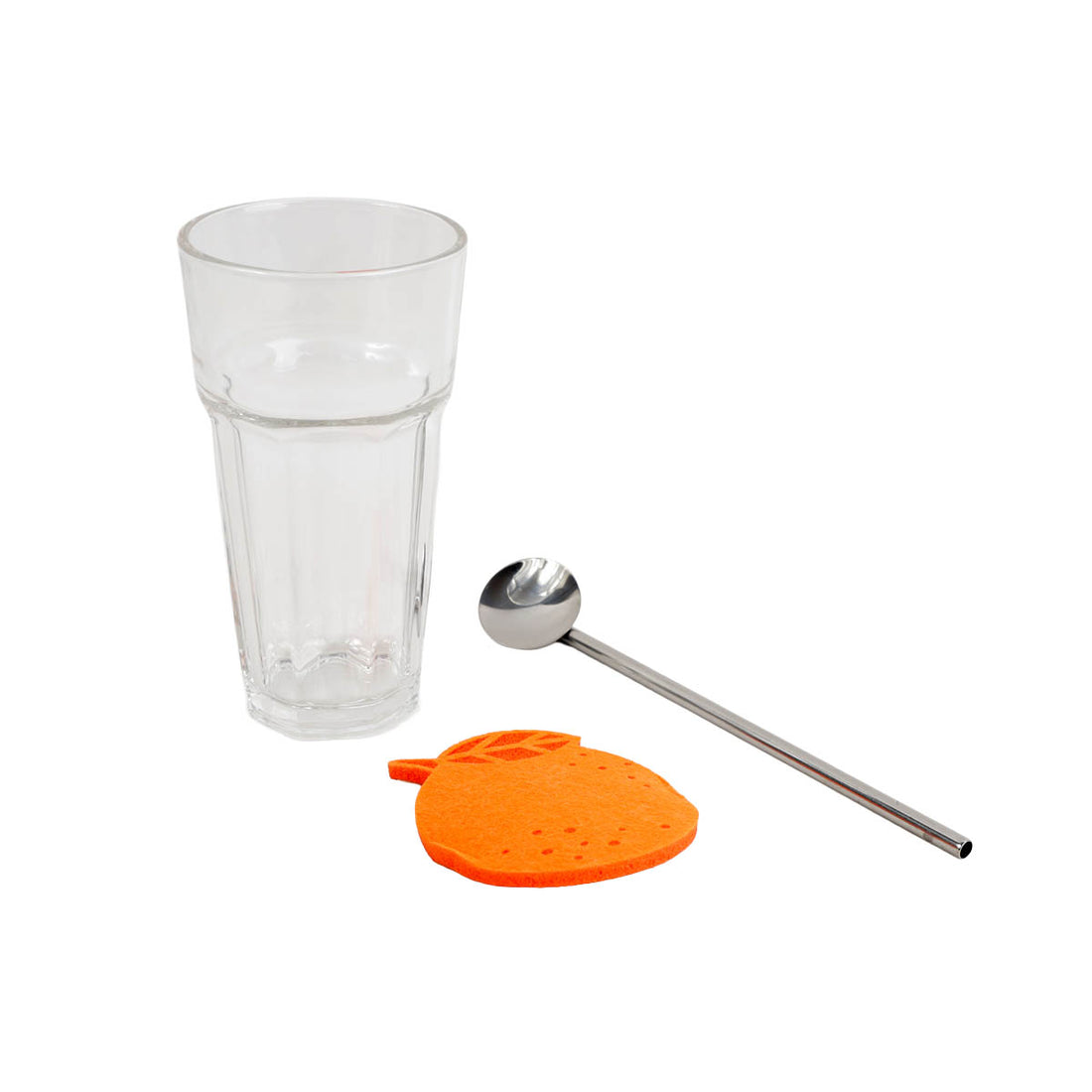 Clear tall glass cup with orange coaster and silver straw