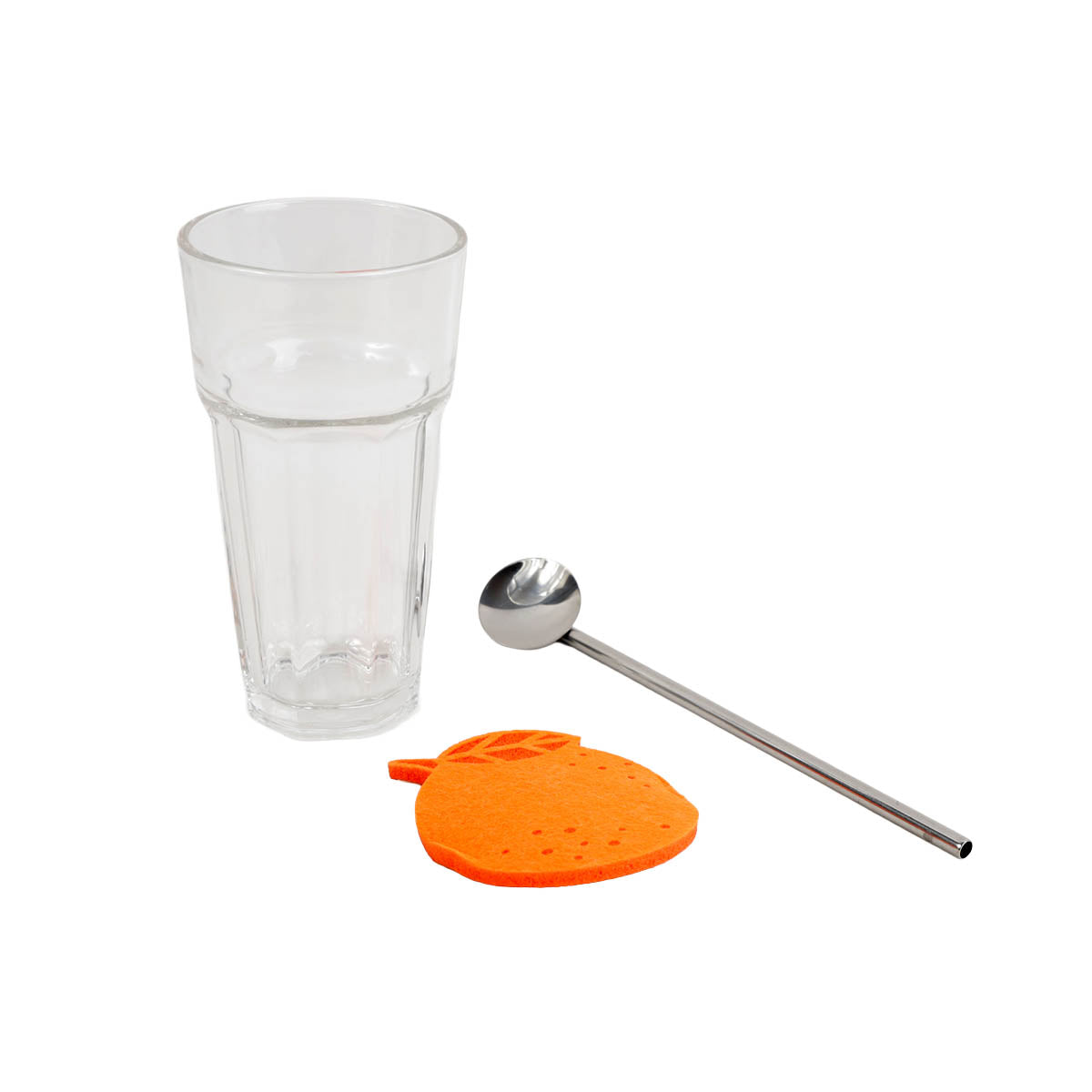 Clear tall glass cup with orange coaster and silver straw