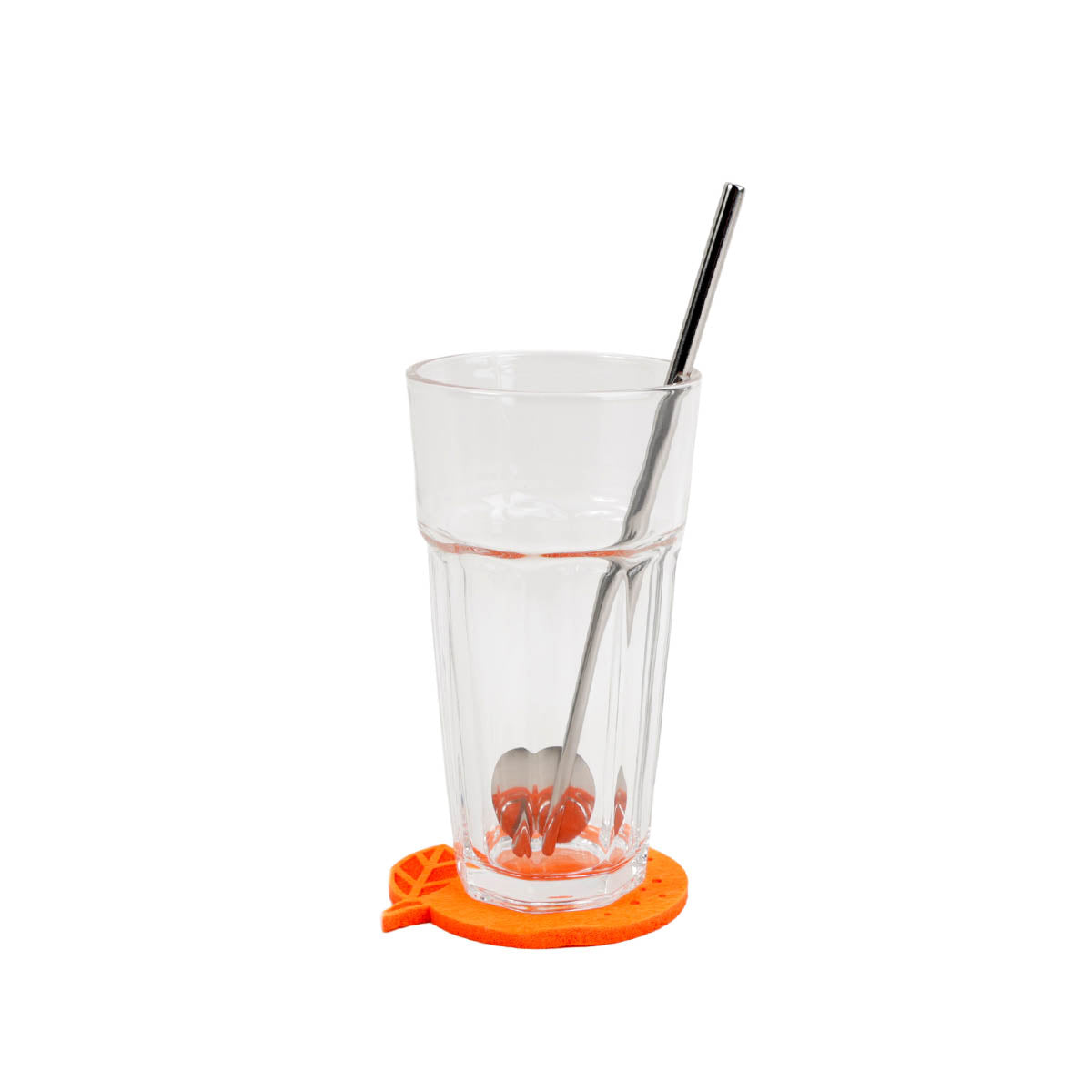 Clear glass drink cup with orange coaster and straight silver straw