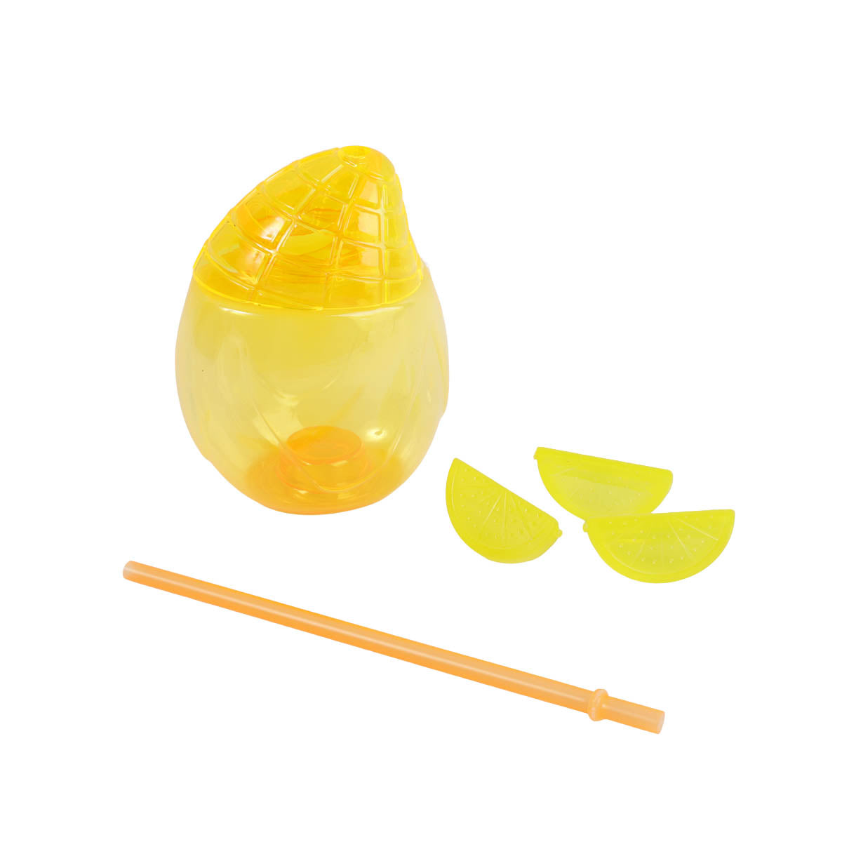 Fruit summer drink kit: yellow drink cup with lid, fruit wedges, and orange straw
