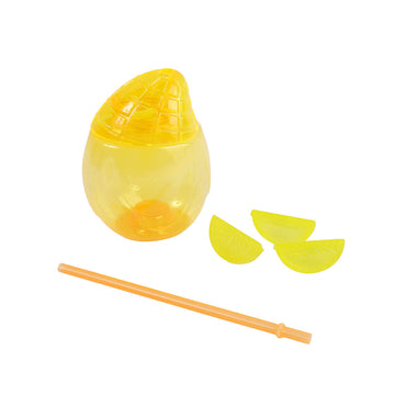 Fruit summer drink kit: yellow drink cup with lid, fruit wedges, and orange straw