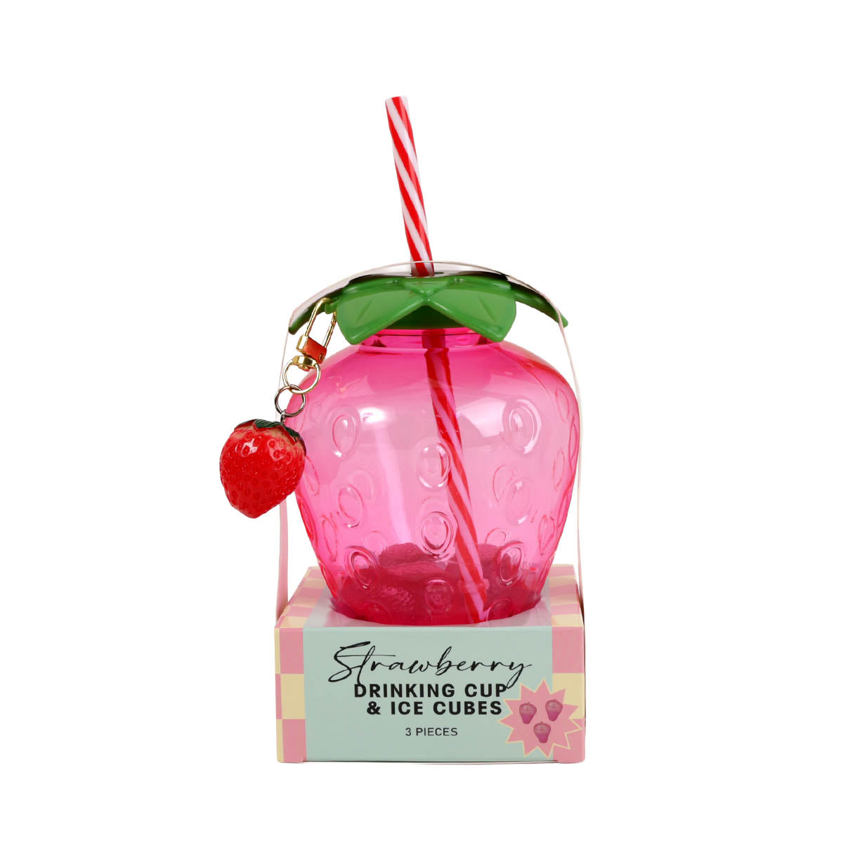 Pink strawberry drink cup with green lid and striped straw, shown in retail box