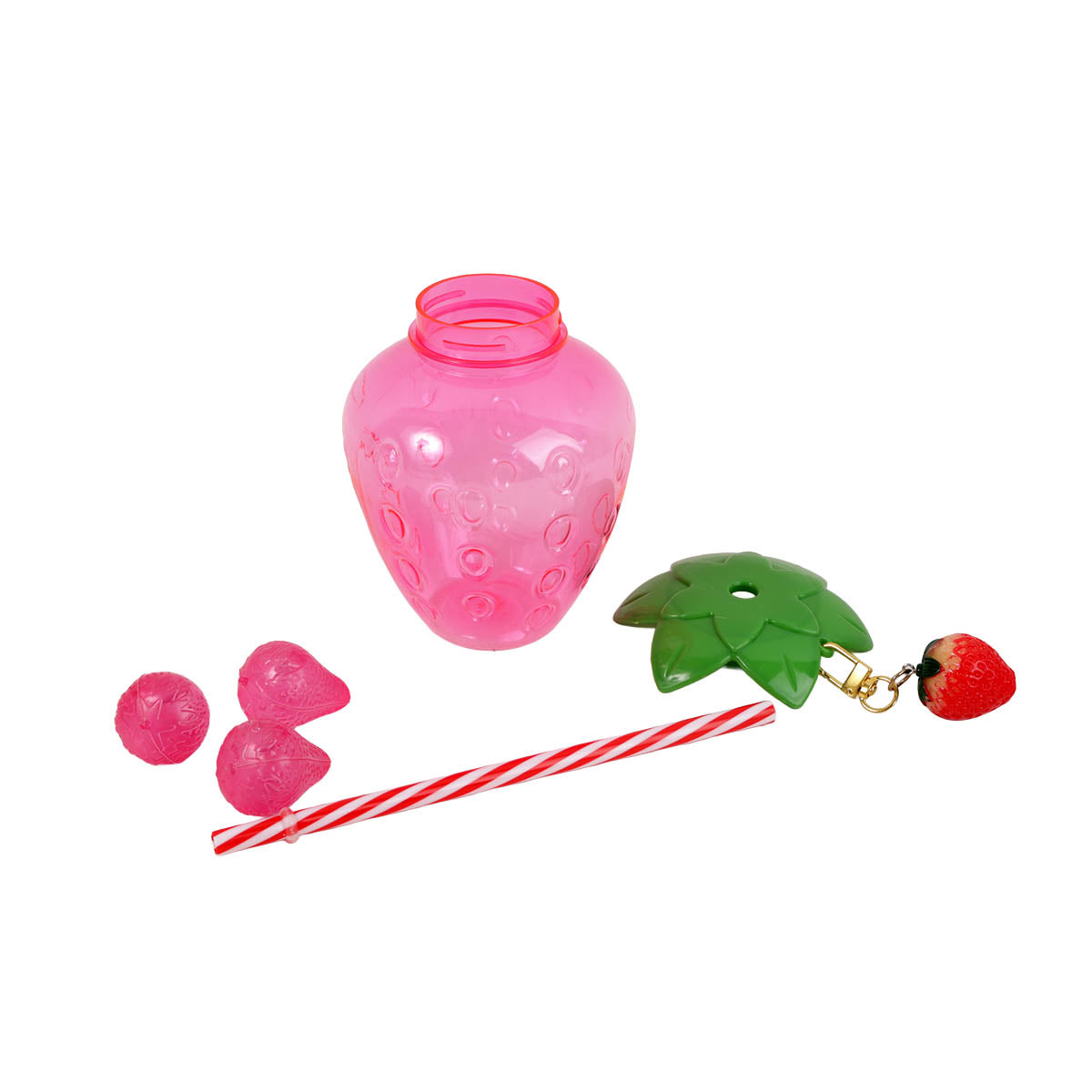 Strawberry cup set: pink cup with green lid, red-white straw, and strawberry keychain