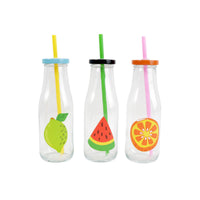 Trio of clear milk bottles with fruit graphics and colored straws