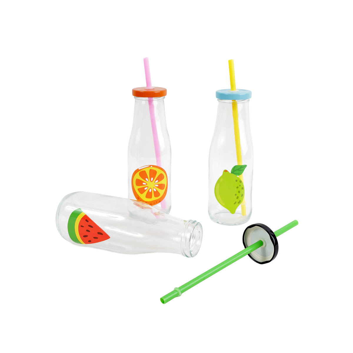 Three clear milk bottles with fruit decals and straws, one laid sideways
