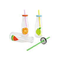 Three clear milk bottles with fruit decals and straws, one laid sideways