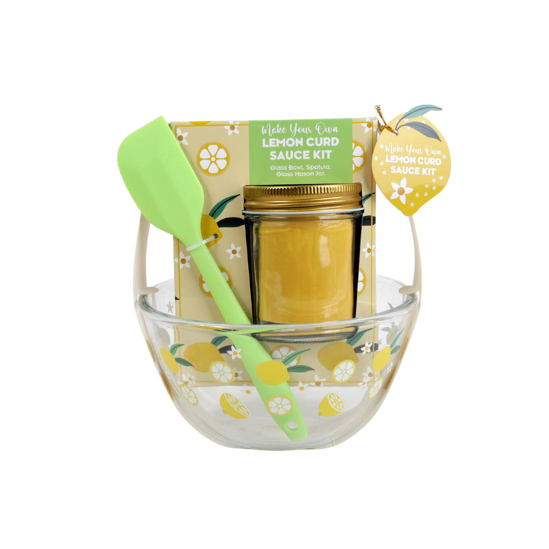 MYO lemon curd sauce kit with jar, glass bowl, and green spatula