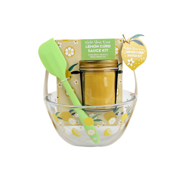 MYO lemon curd sauce kit with jar, glass bowl, and green spatula