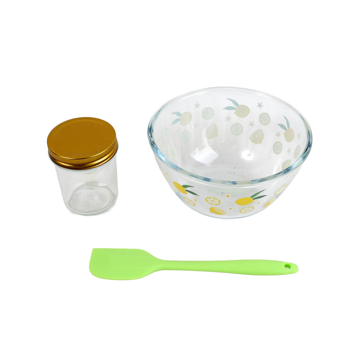 Lemon curd sauce kit set with small jar, glass bowl, and green spatula