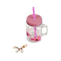 Flower mason jar kit: clear glass jar with pink lid and straw, floral print, flower charm