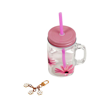 Flower mason jar kit: clear glass jar with pink lid and straw, floral print, flower charm