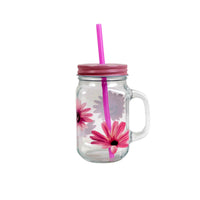 Clear mason jar with pink lid and straw, floral flower decals on glass