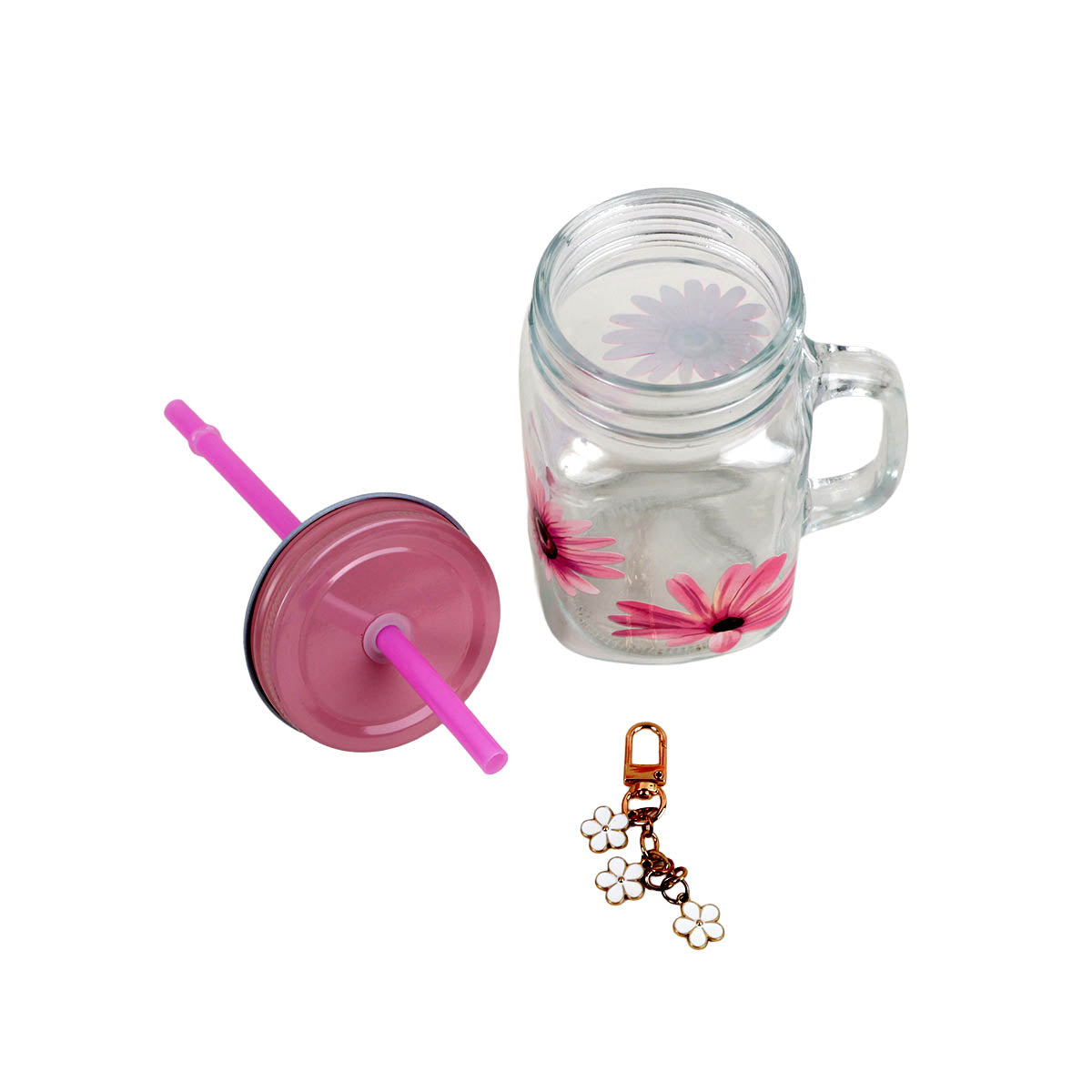 Glass mason jar with pink straw and lid, pink flower decals, plus flower keychain charm
