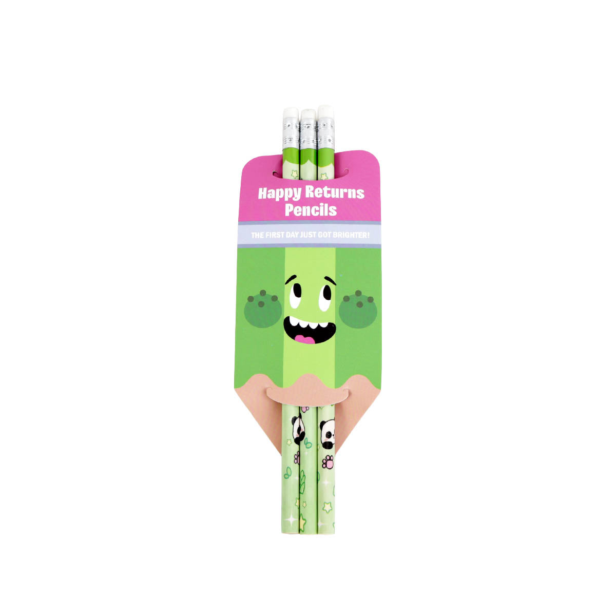 Happy Returns pencils pack with three green panda cartoon pencils, clear erasers