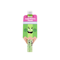 Happy Returns pencils pack with three green panda cartoon pencils, clear erasers