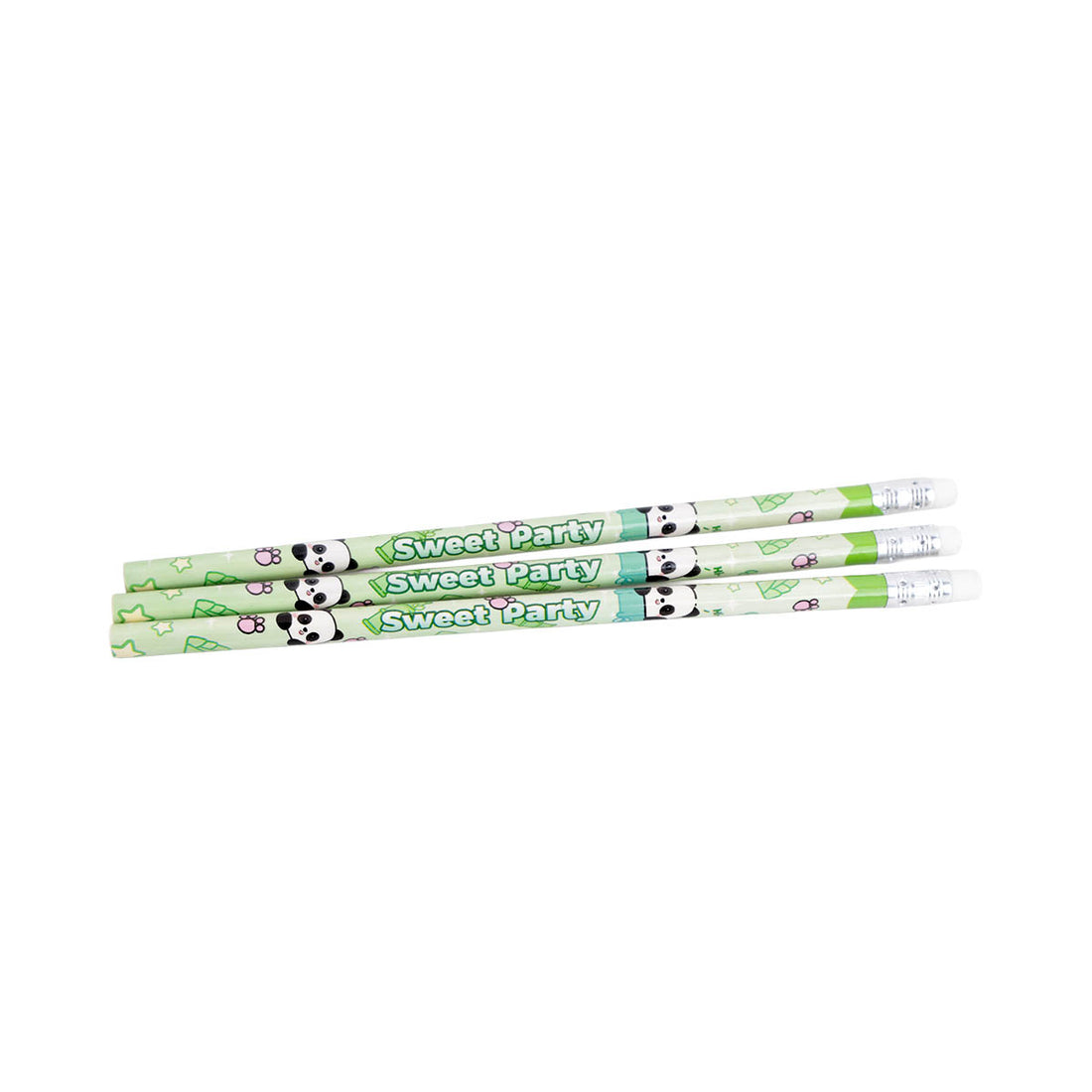 Three green pencils with panda and “Sweet Party” prints, clear erasers, three-pack