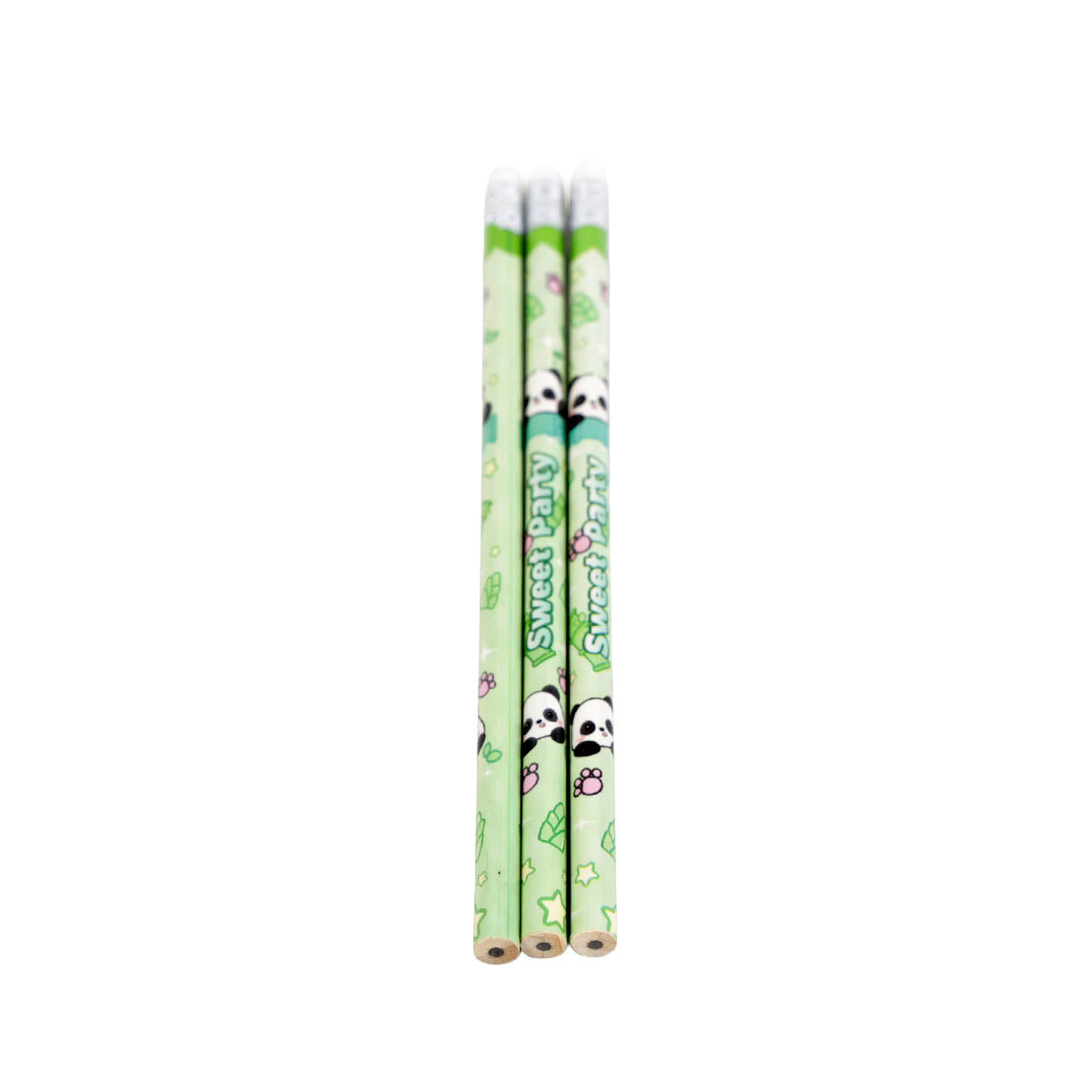 Set of three green pencils with panda graphics and “Sweet Party” text, clear erasers