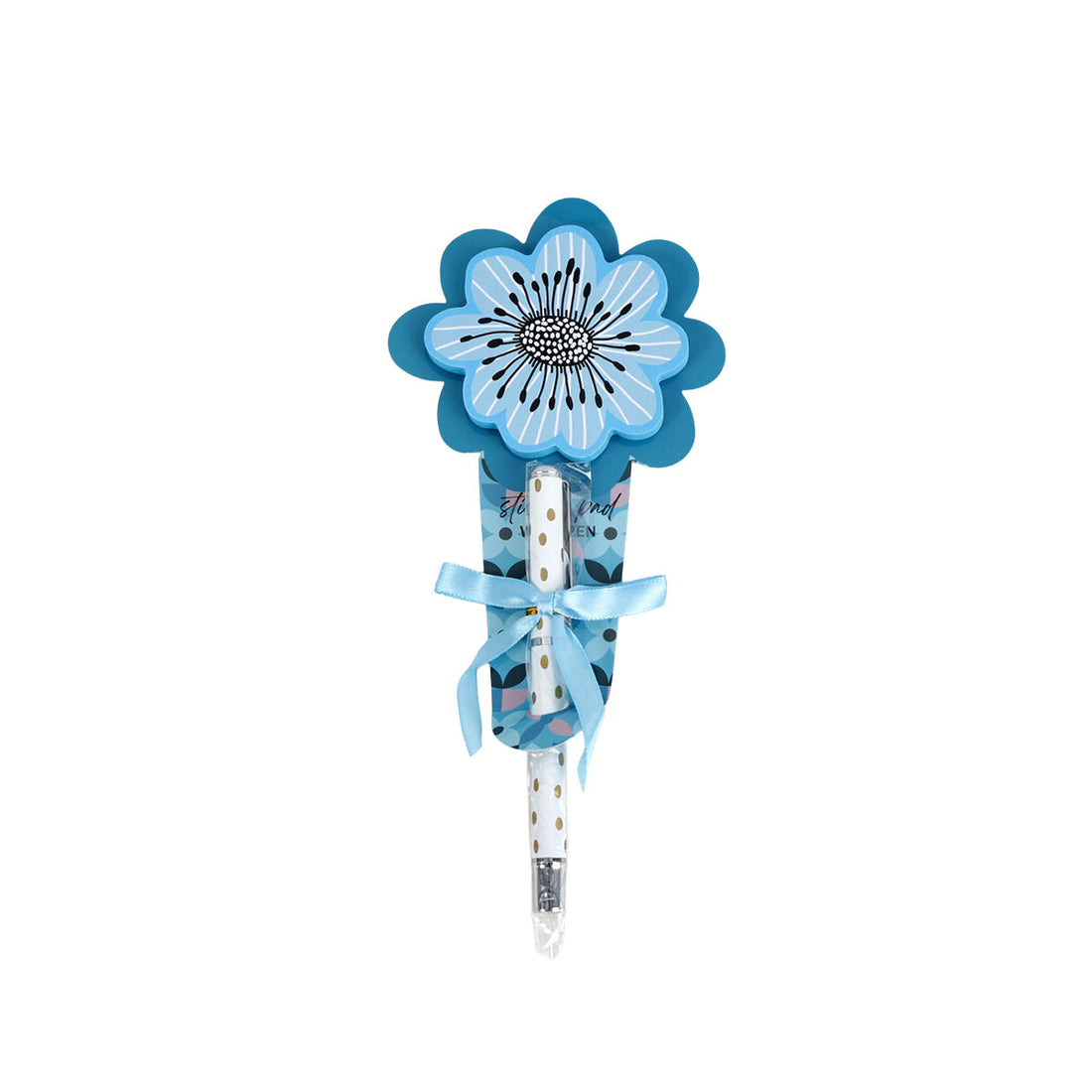 Blue flower sticky note set with wrapped stack and bow ribbon