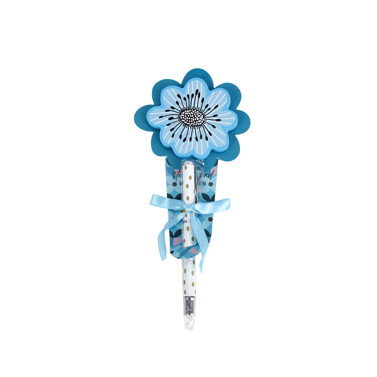 Blue flower sticky note set with wrapped stack and bow ribbon