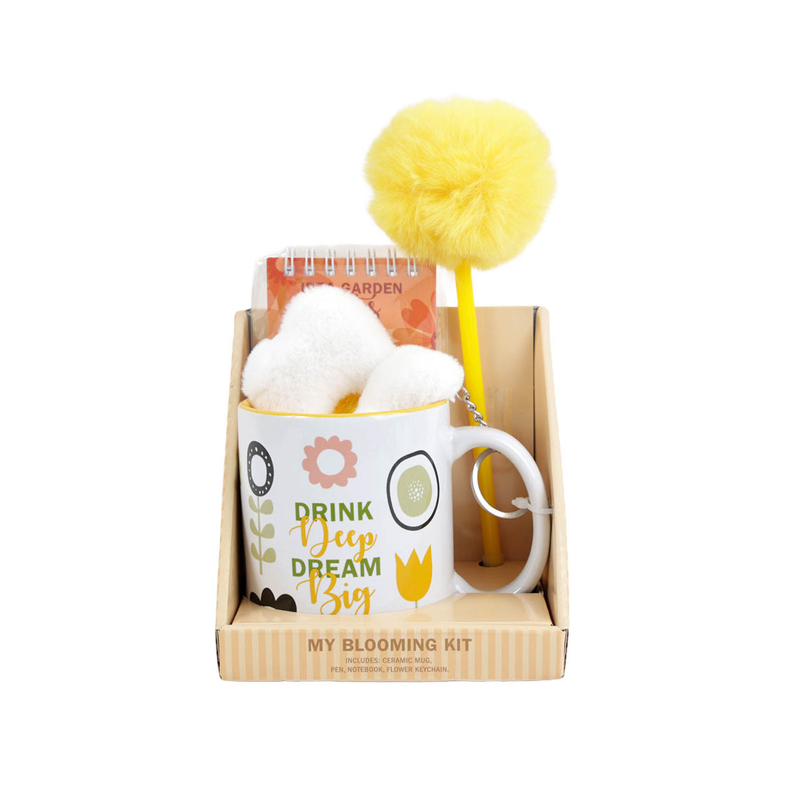 Garden gift set with pom-pom wand, plush flower keychain, mug, and notebook