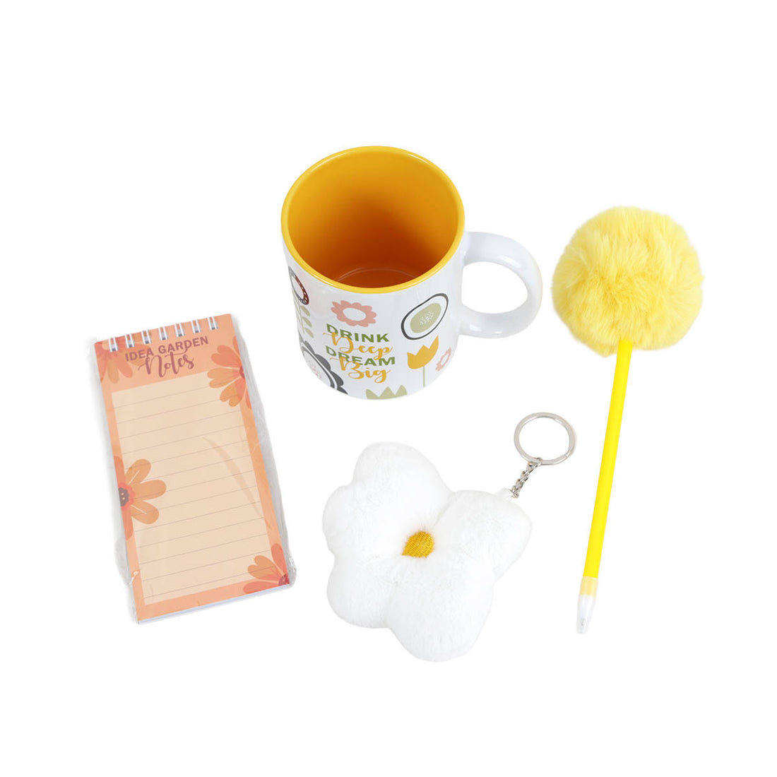 Garden gift set: white mug with yellow rim, pom-pom wand, plush flower keychain, note pad