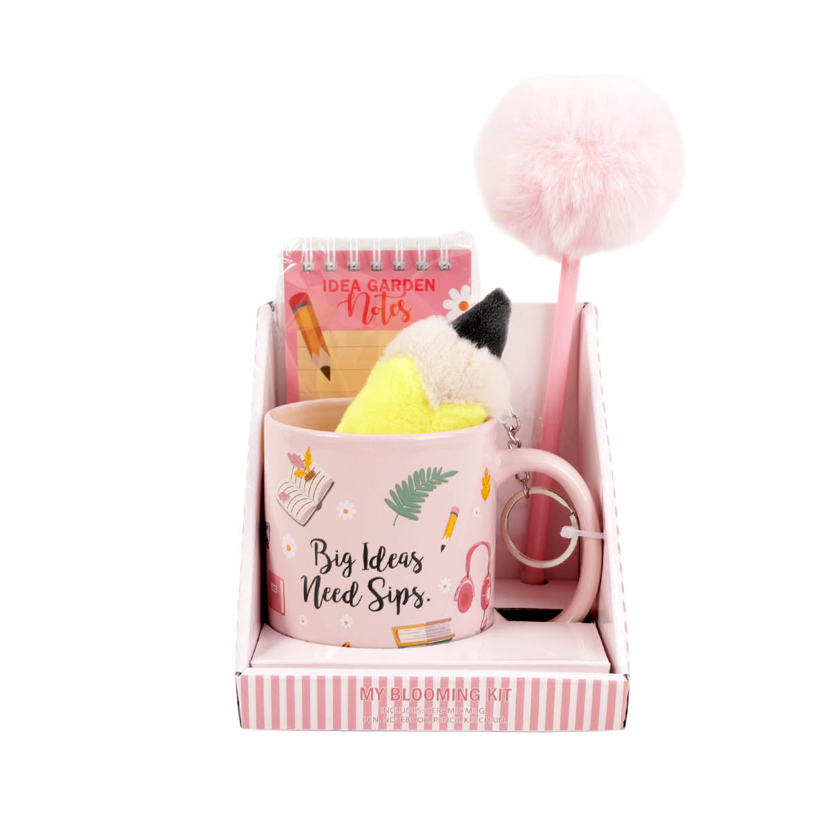 Boxed mug gift set with pom-pom wand and plush keychain in open tray