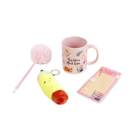 Mug and accessory gift set with pom-pom wand, plush keychain, and notebook