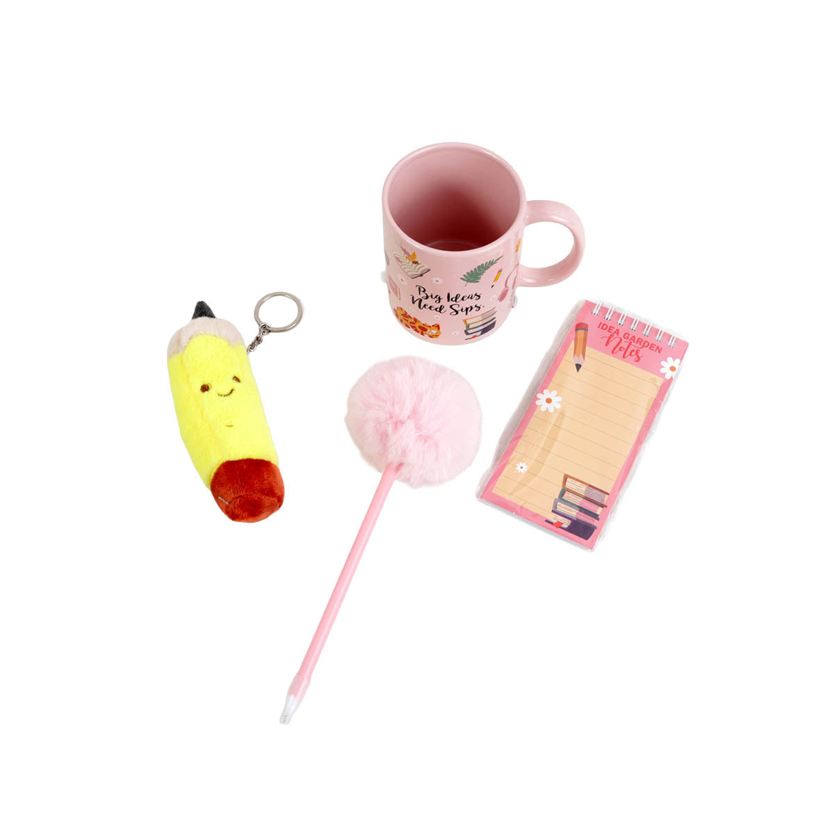 Decorative mug gift set with plush keychain, pom-pom wand, and notebook