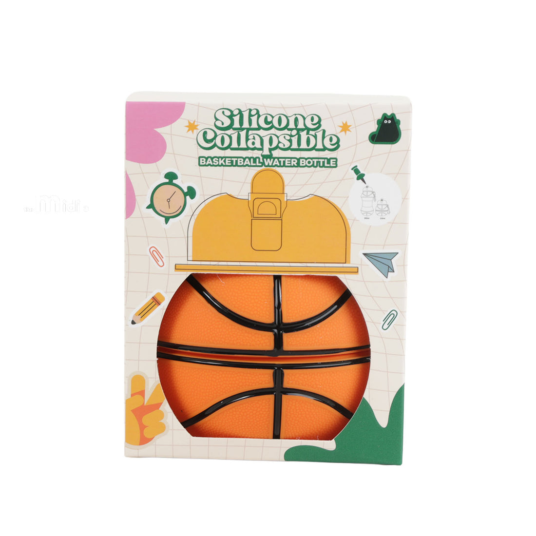 Collapsible silicone water bottle, orange basketball print with black cap, in retail box