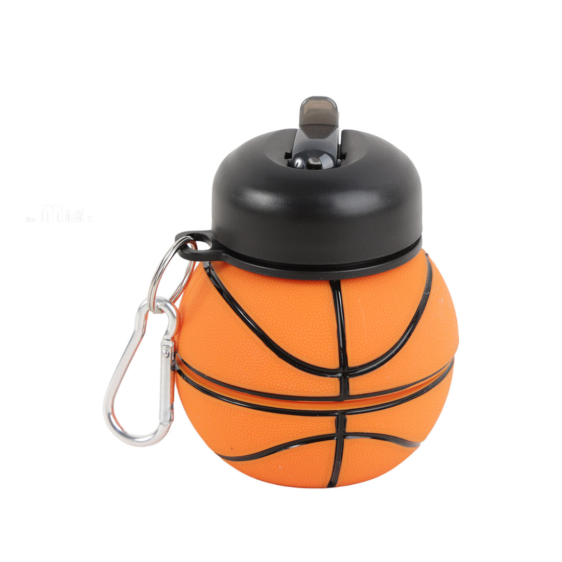 Collapsible silicone water bottle in orange with black lid and carabiner clip