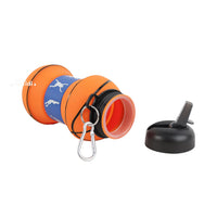 Collapsible silicone water bottle, orange with blue graphic, open spout, black cap and clip