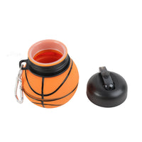 Collapsible silicone water bottle, orange basketball print with open top and black lid