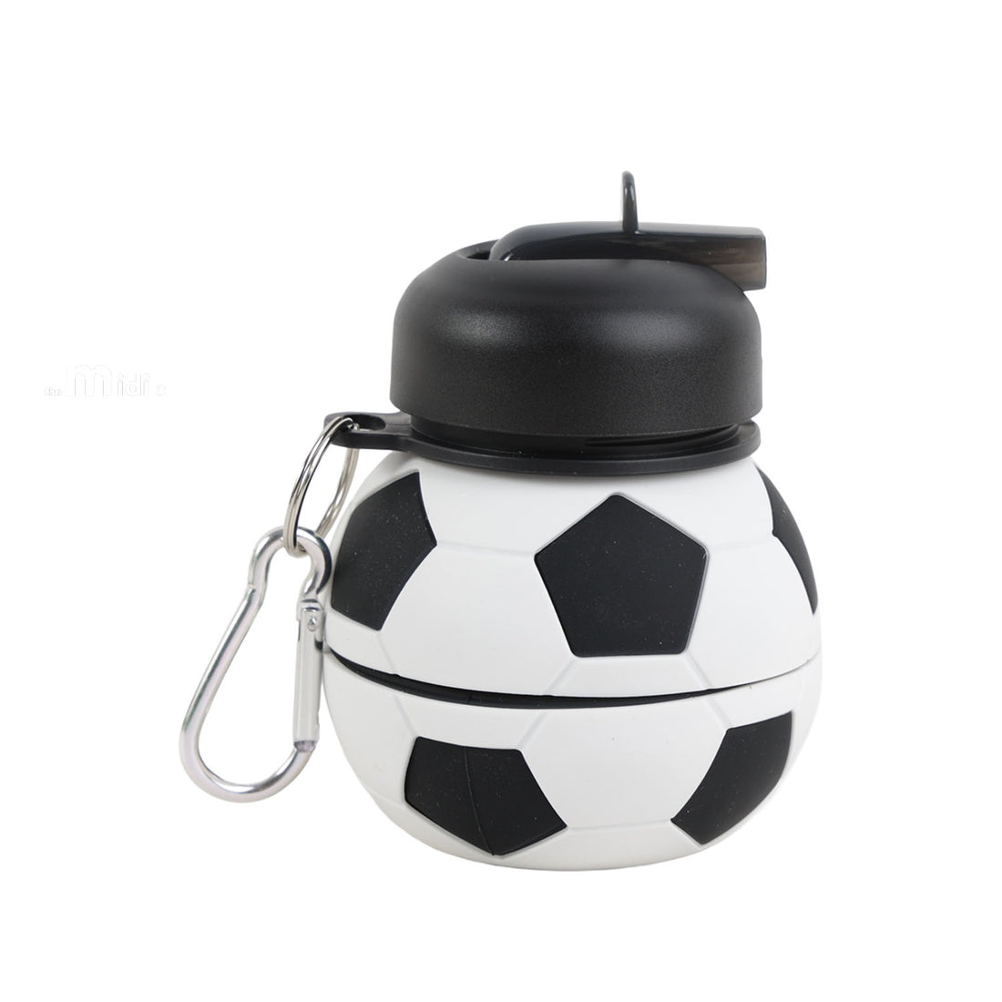 Soccer ball water bottle with black flip-top lid and metal carabiner