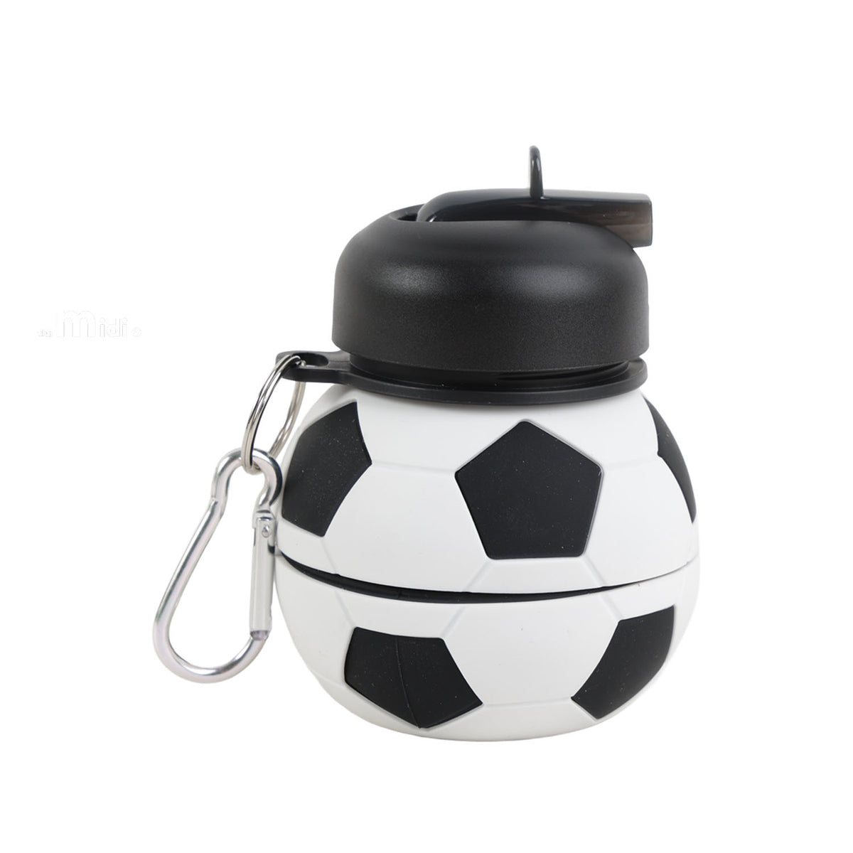 Soccer ball water bottle with black flip-top lid and metal carabiner