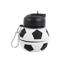 Soccer ball water bottle with black flip-top lid and metal carabiner