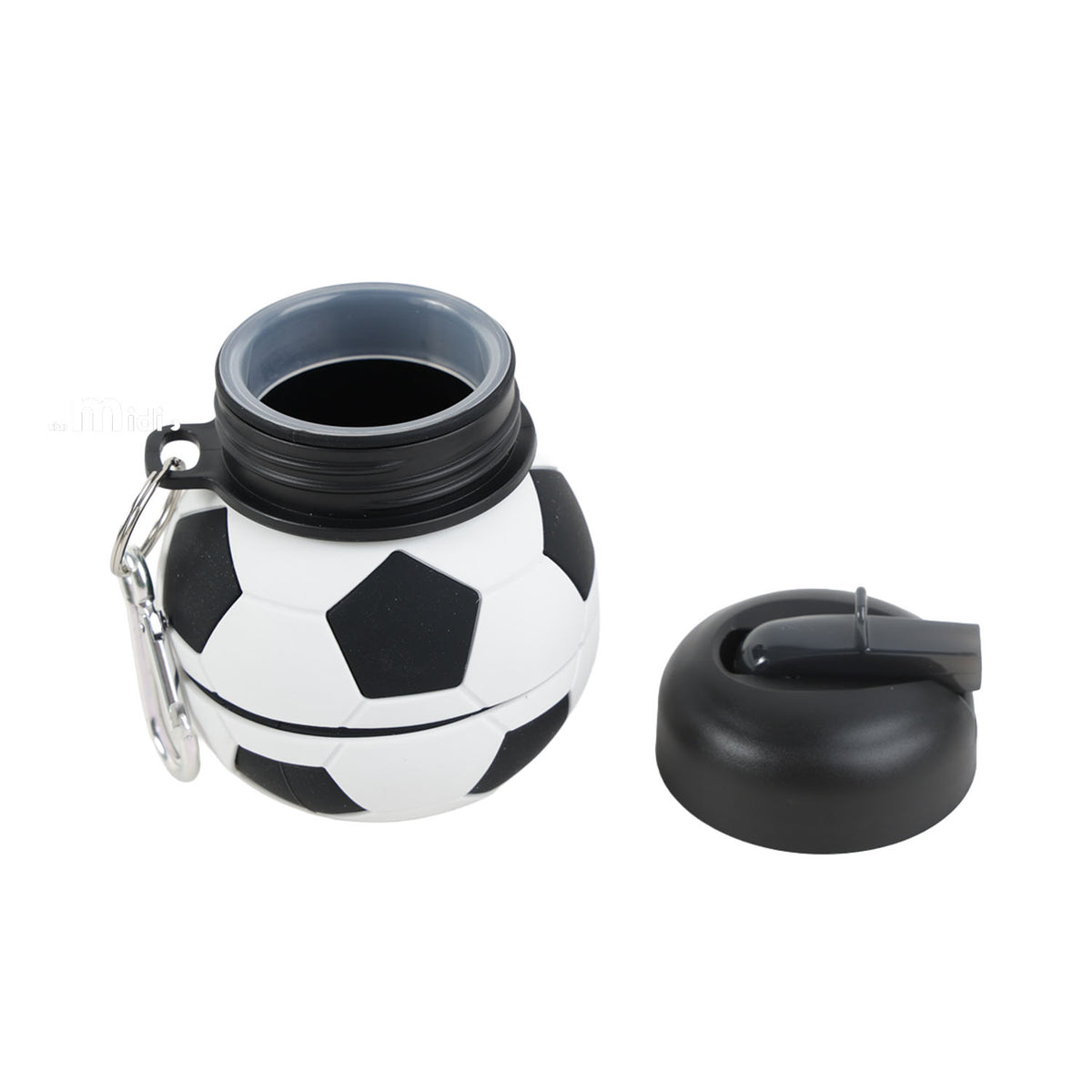 Soccer ball water bottle with open cap and black lid on side
