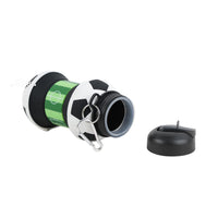 Soccer ball water bottle side view with flip-top cap and carry loop